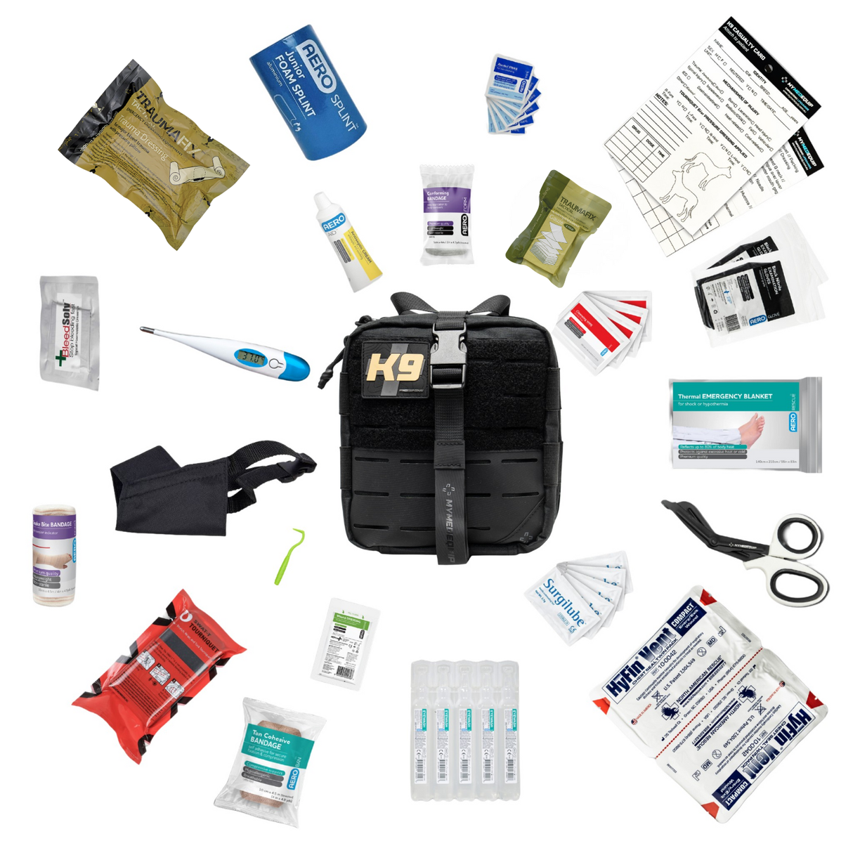 Working Dog IFAK contents laid out, including SWAT-T tourniquet, packing gauze and haemostatic gauze.