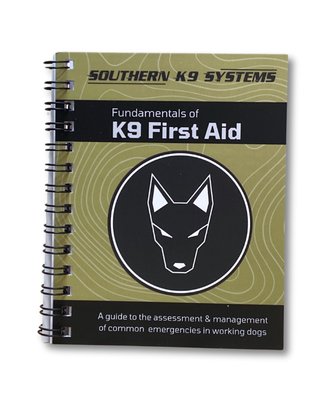 A cover image of the 'Fundamentals of K9 First Aid' guide, showing a spiral-bound booklet with a green and black color scheme and a logo of a dog's head.
