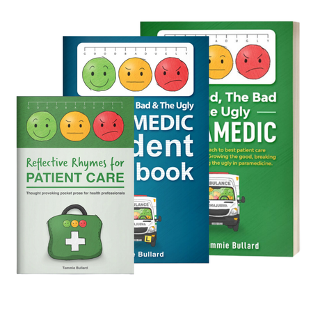 A set of three books in the Good The Bad and The Ugly Paramedic Series related to paramedic training, with colorful covers featuring cartoon-style faces expressing different emotions.