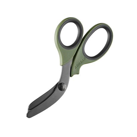 A pair of black titanium coated heavy duty trauma shears with green handles.