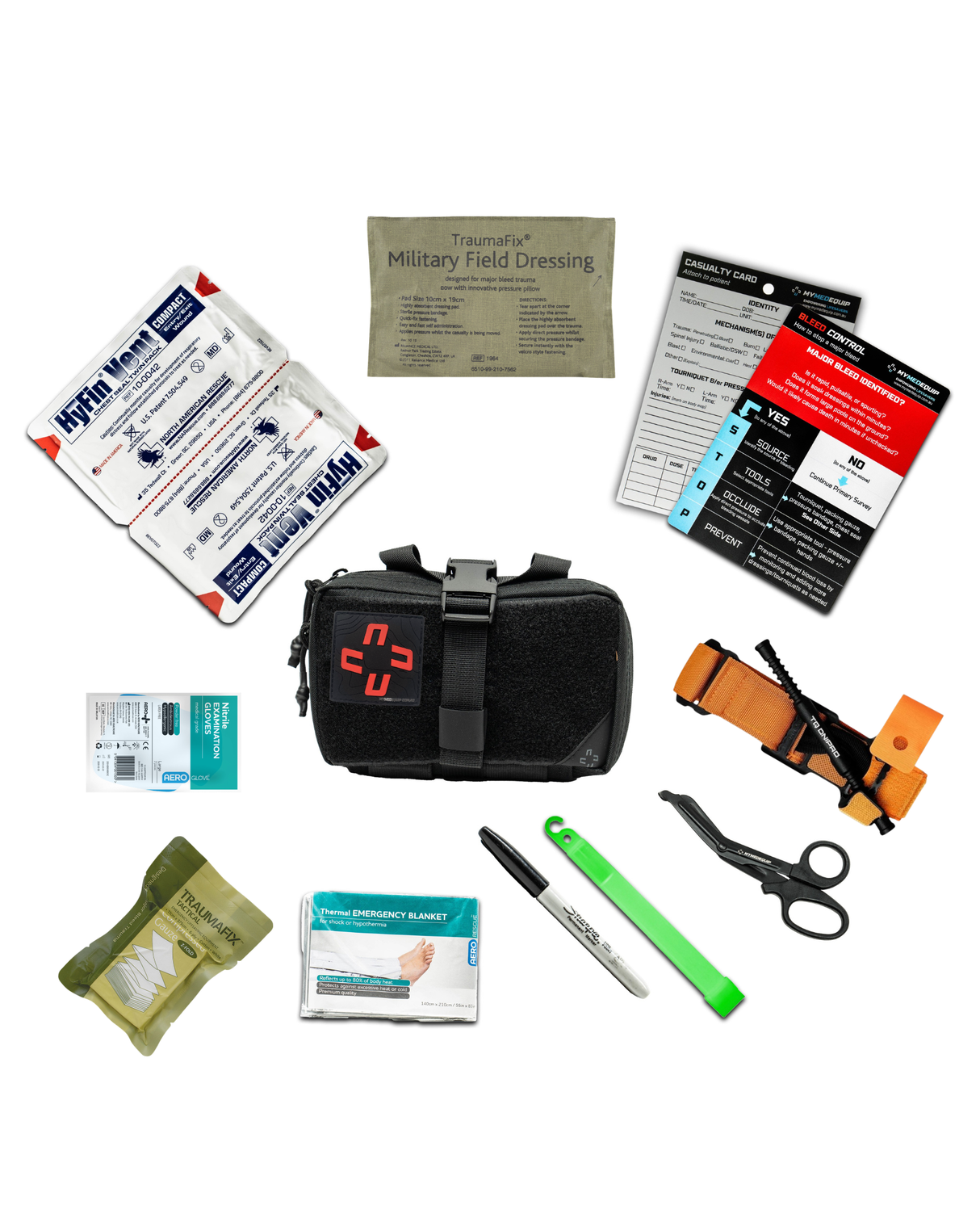 TraumaFix IFAK contents laid out including field dressing and packing gauze