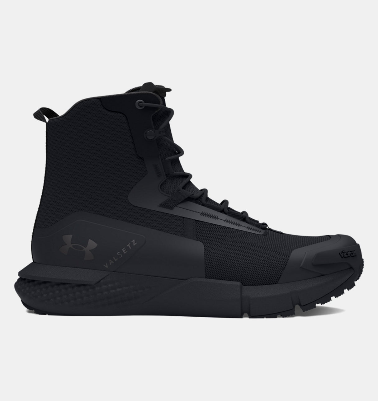 Black high-top tactical sneaker boots with Under Armour logo on a white background