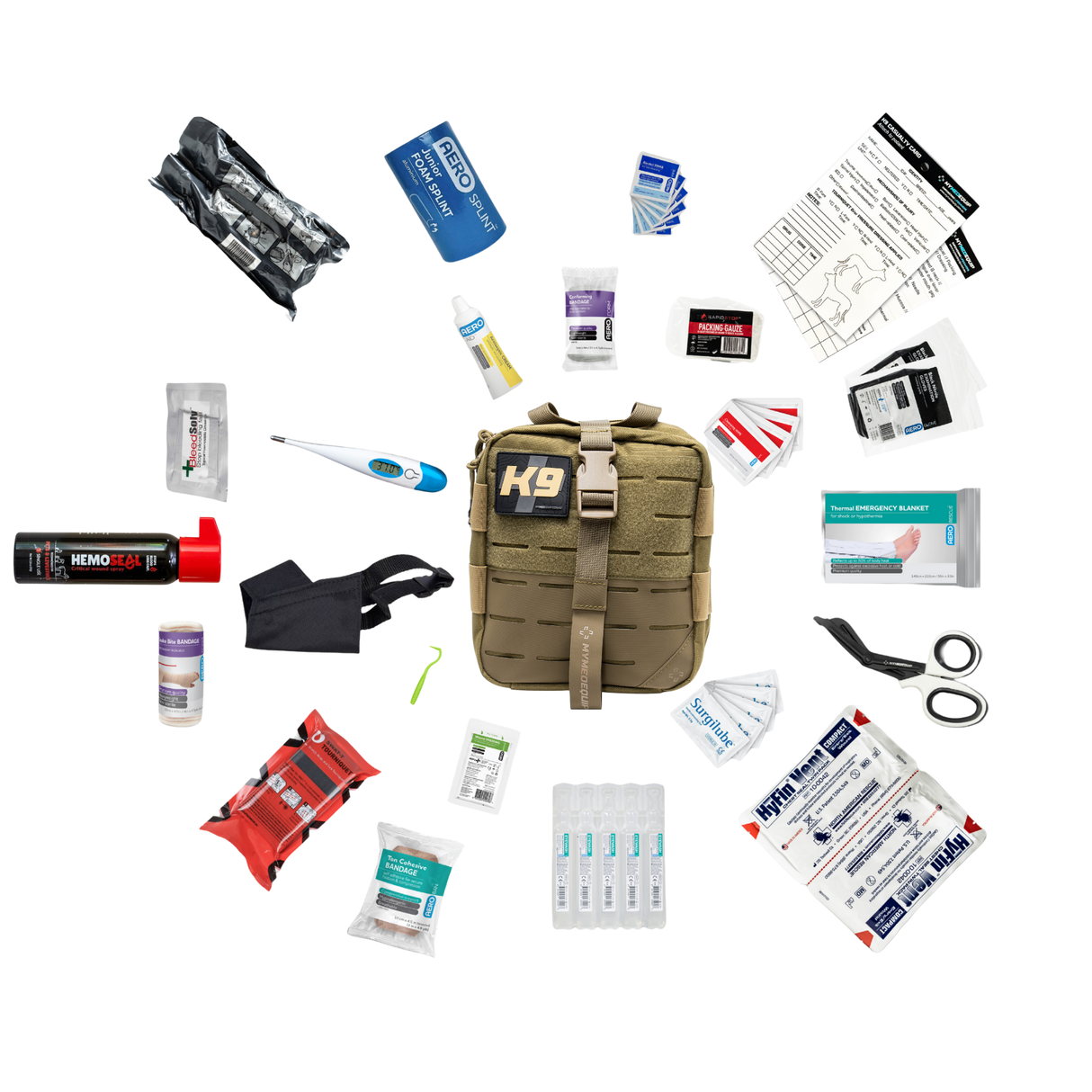 Dog First aid kit with various components on a white background