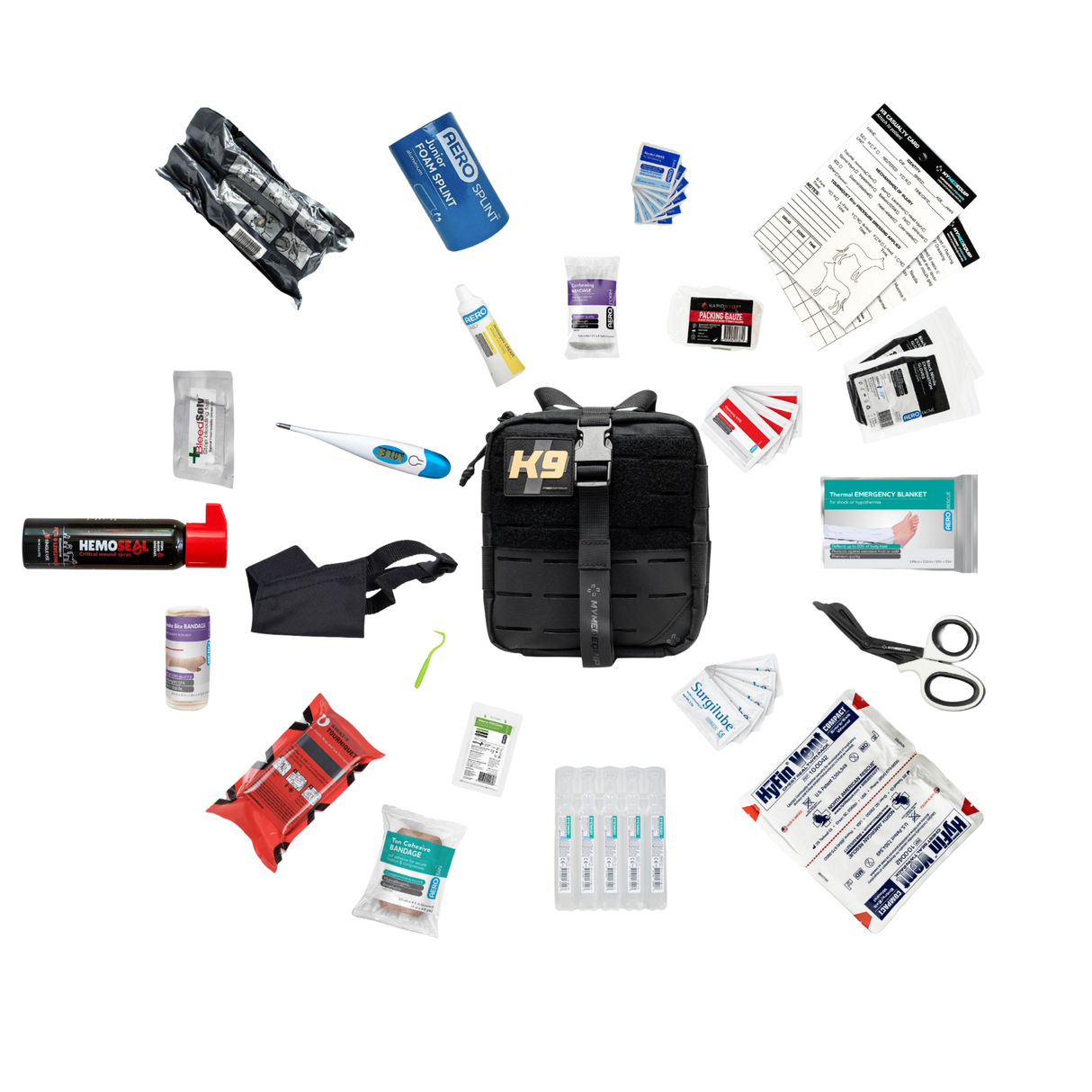 Collection of medical supplies and a black K9 bag on a white background