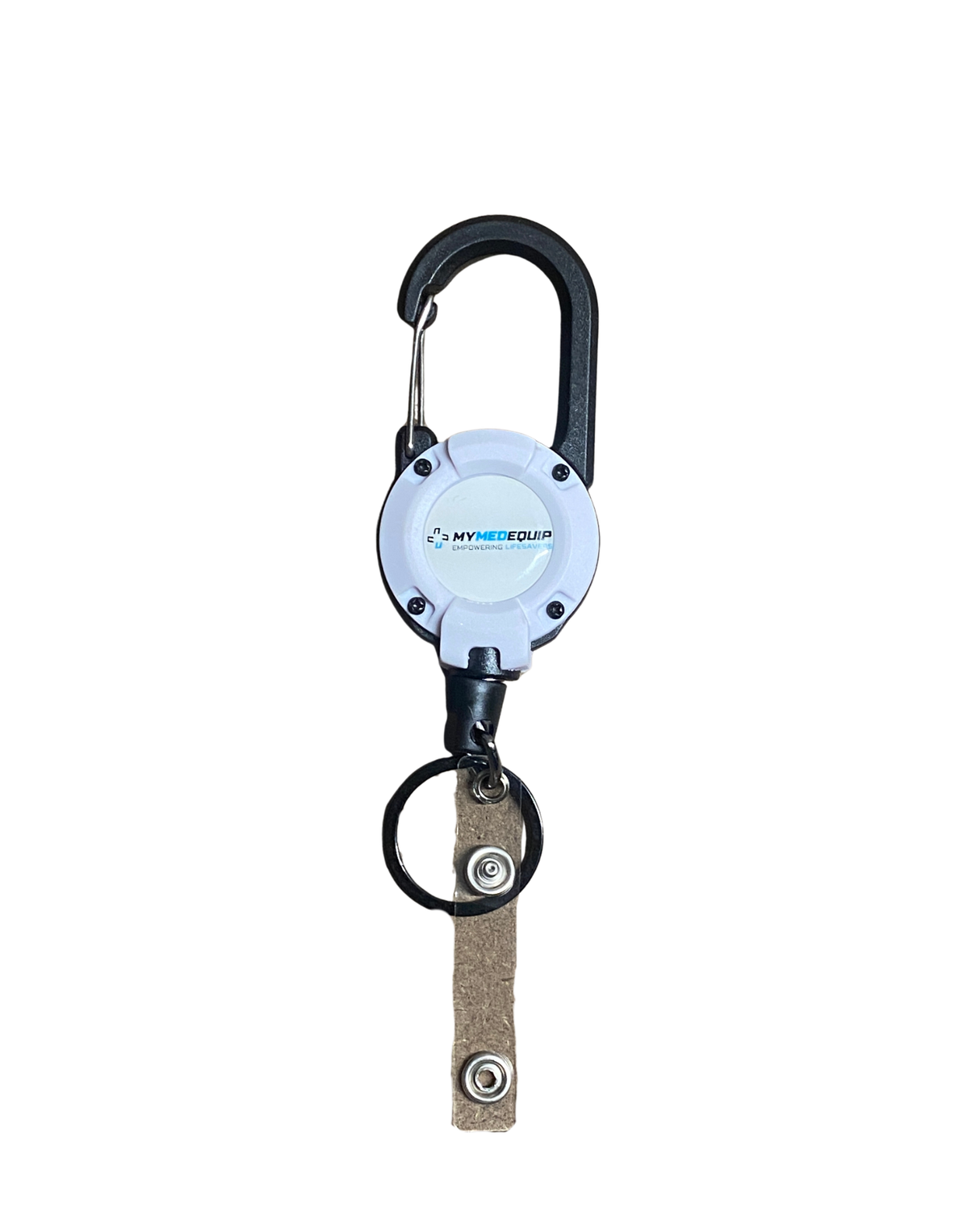 Carabiner badge reel clipped to nurse uniform with metal cable extended