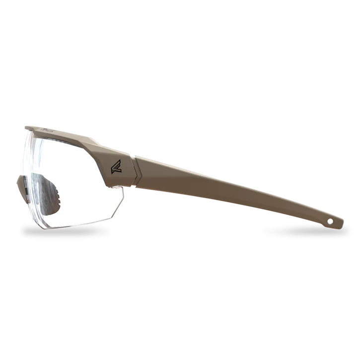 Lateral view clear ballistic eyewear tan frame
