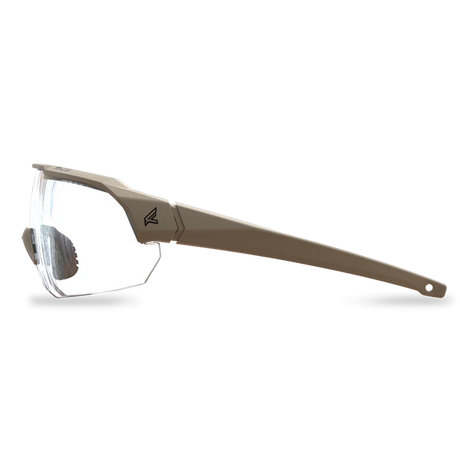 Lateral view clear ballistic eyewear tan frame