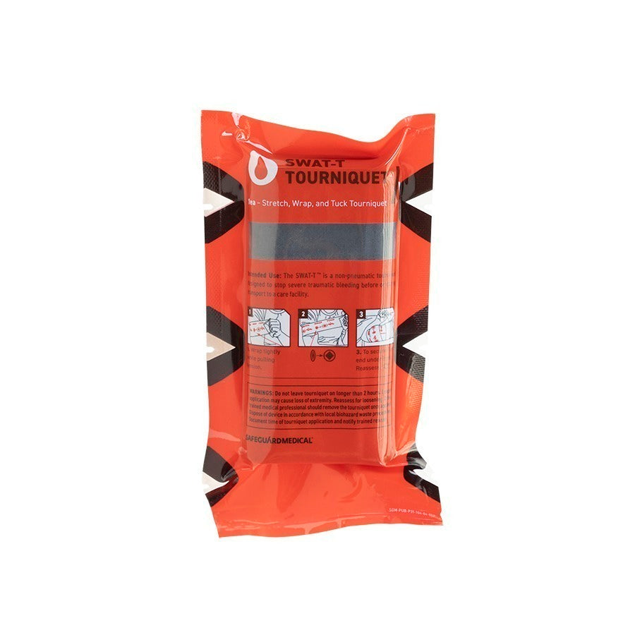 A black SWAT-T Tourniquet in red packaging with black and white text and graphics, including a visual demonstration of the product being applied to a limb.