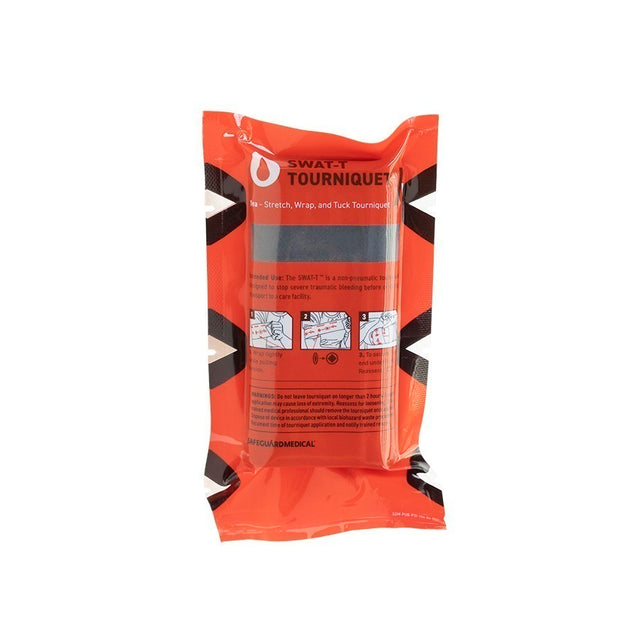 A black SWAT-T Tourniquet in red packaging with black and white text and graphics, including a visual demonstration of the product being applied to a limb.