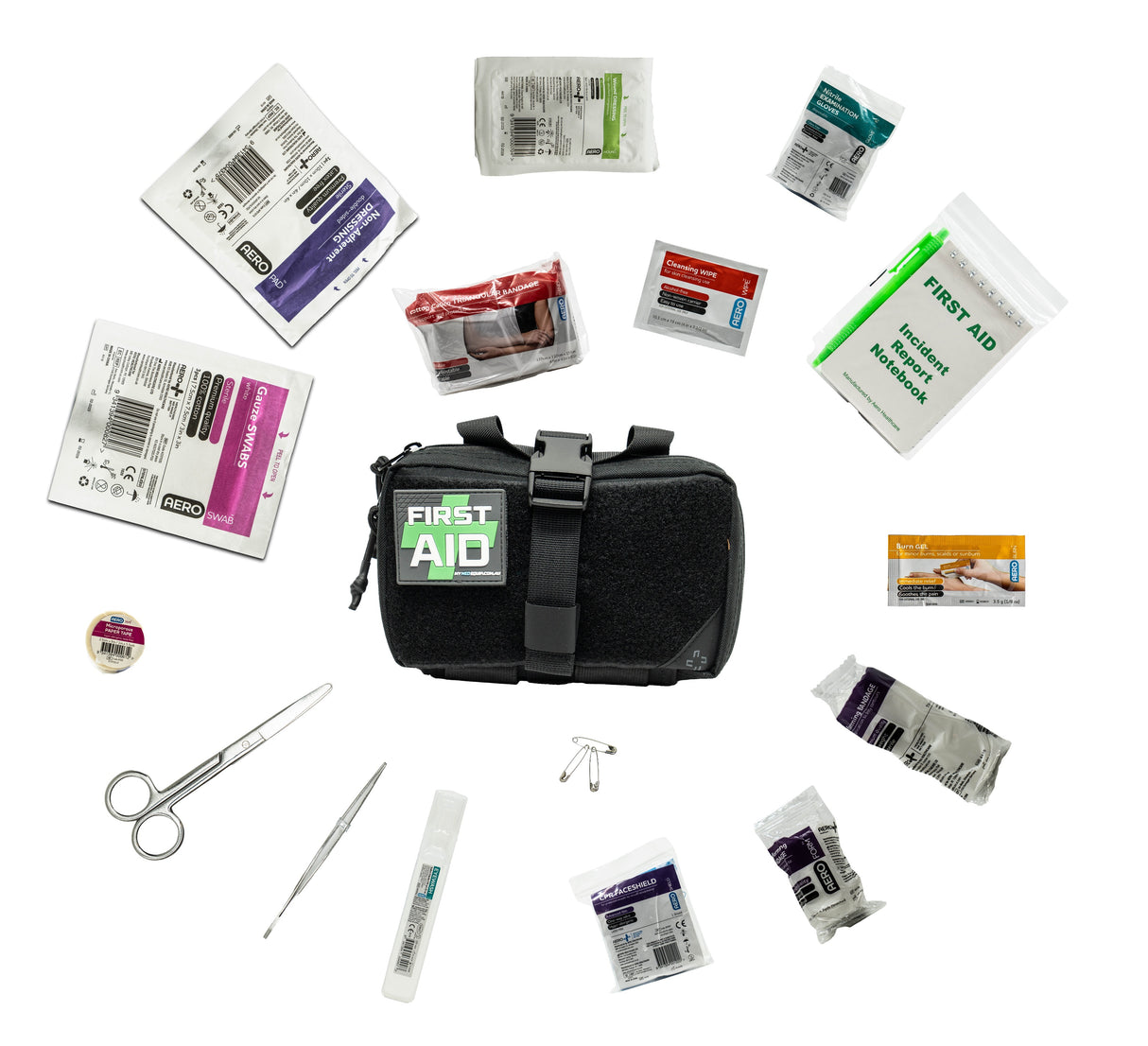 Compact black first aid kit with contents laid around about