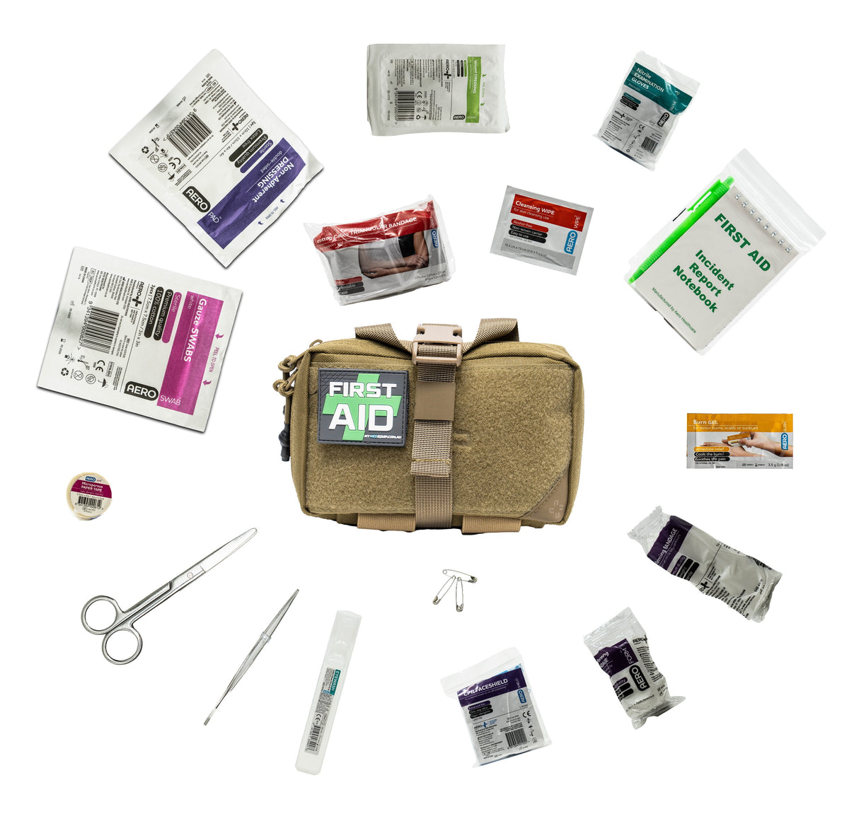 Compact brown first aid kit with contents laid around about