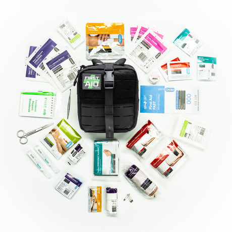 Large Black Tactical Survival Kit with Trauma & Survival Equipment Laid Out Around