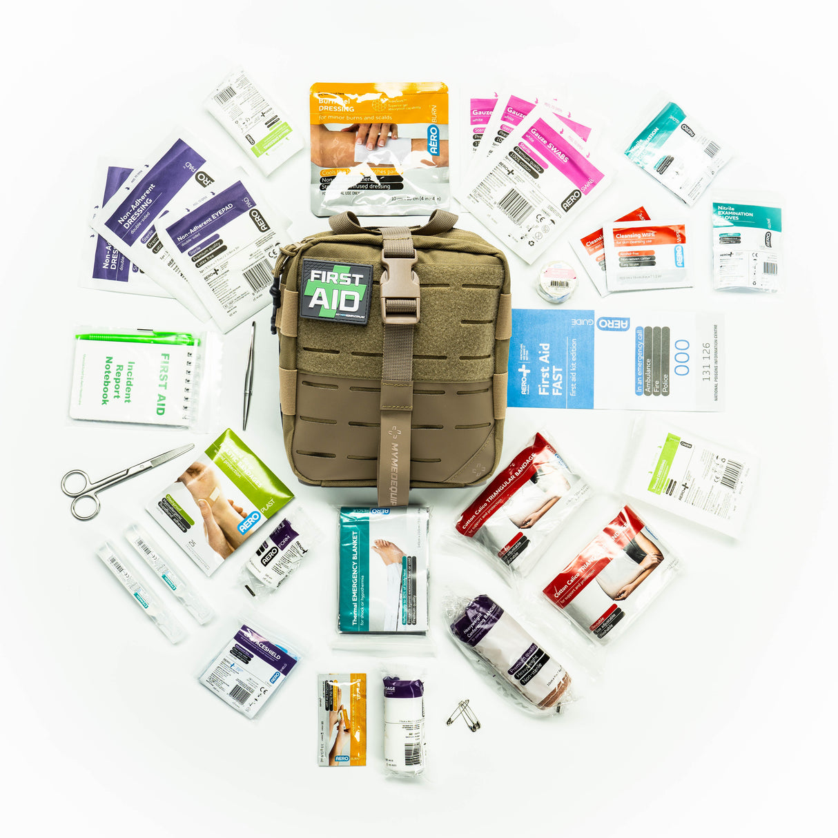 Large Tan Tactical Survival Kit with Trauma & Survival Equipment Laid Out Around