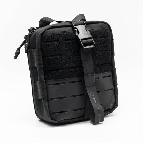 Medium Tan Brown coloured Vertex 2.0 Aid Pouch first aid kit pouch with laser cut molle and tear away rear panel on white background. Diagonal right view