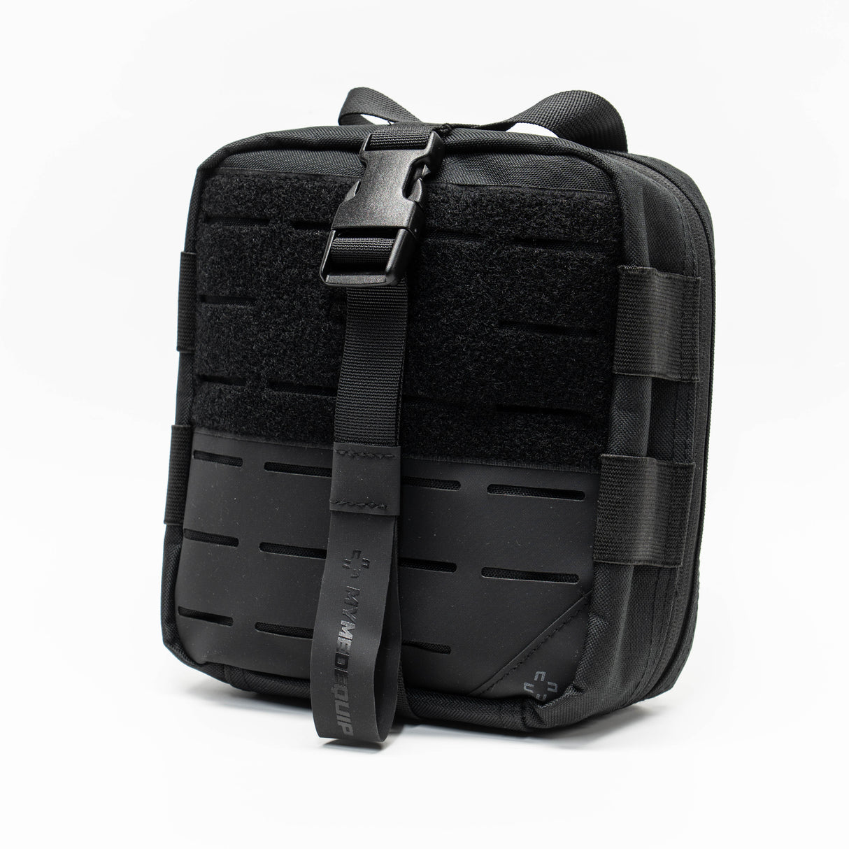 Medium Black coloured Vertex 2.0 Aid Pouch first aid kit pouch with laser cut molle and tear away rear panel on white background. Diagonal left view
