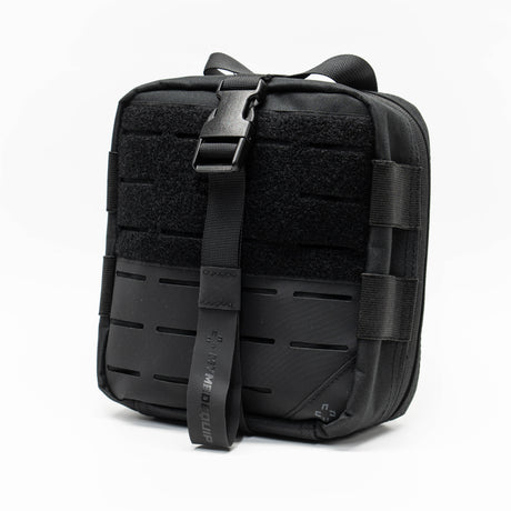 Medium Black coloured Vertex 2.0 Aid Pouch first aid kit pouch with laser cut molle and tear away rear panel on white background. Diagonal left view