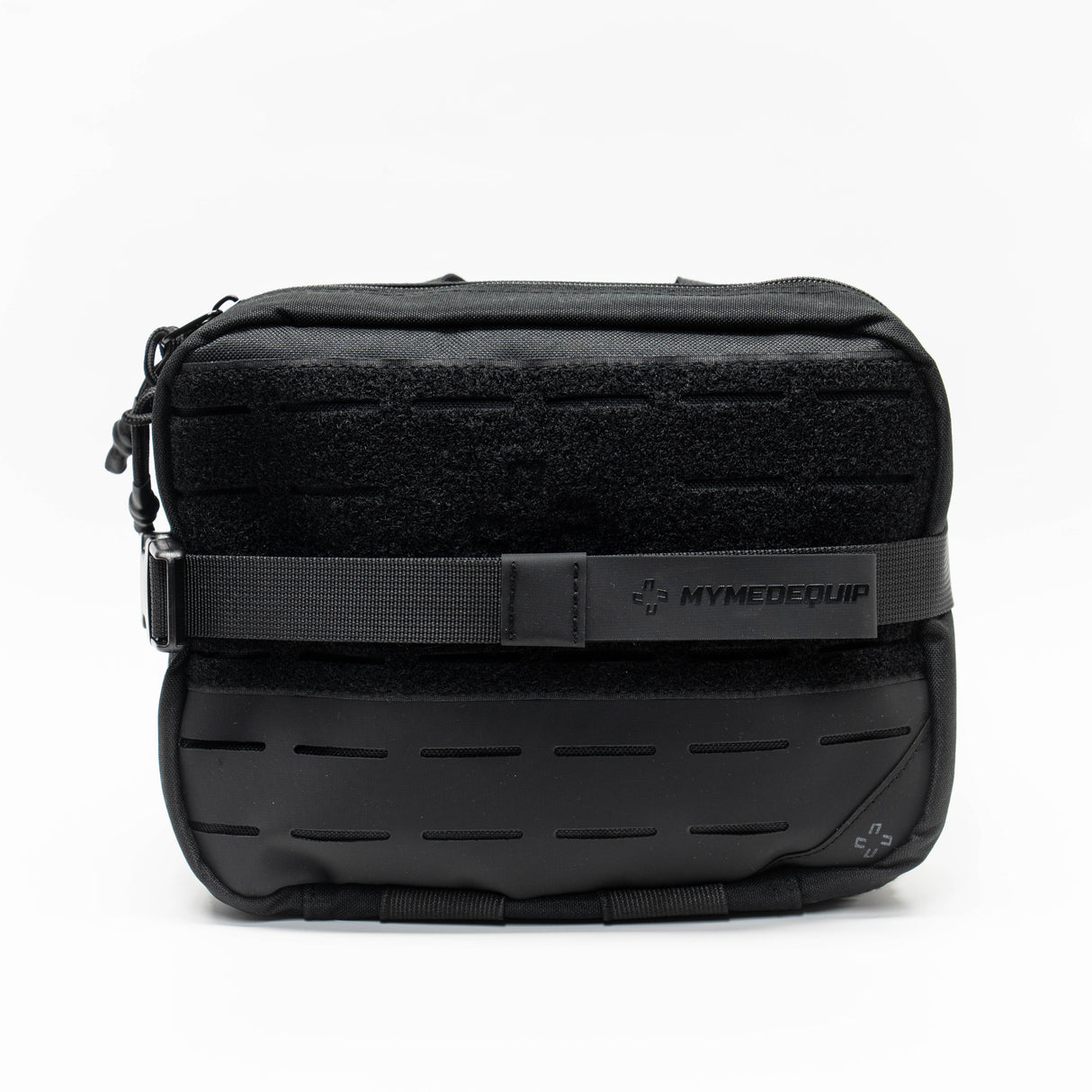 Large First Aid Pouch with large velcro front panel and laser cut molle, tear away Molle velcro strapping panel attached and strapped on. on white background