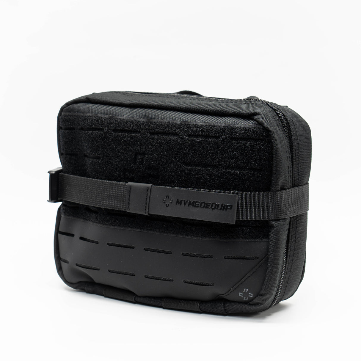 Large First Aid Pouch with large velcro front panel and laser cut molle, tear away Molle velcro strapping panel attached and strapped on. on white background 2nd diagonal view