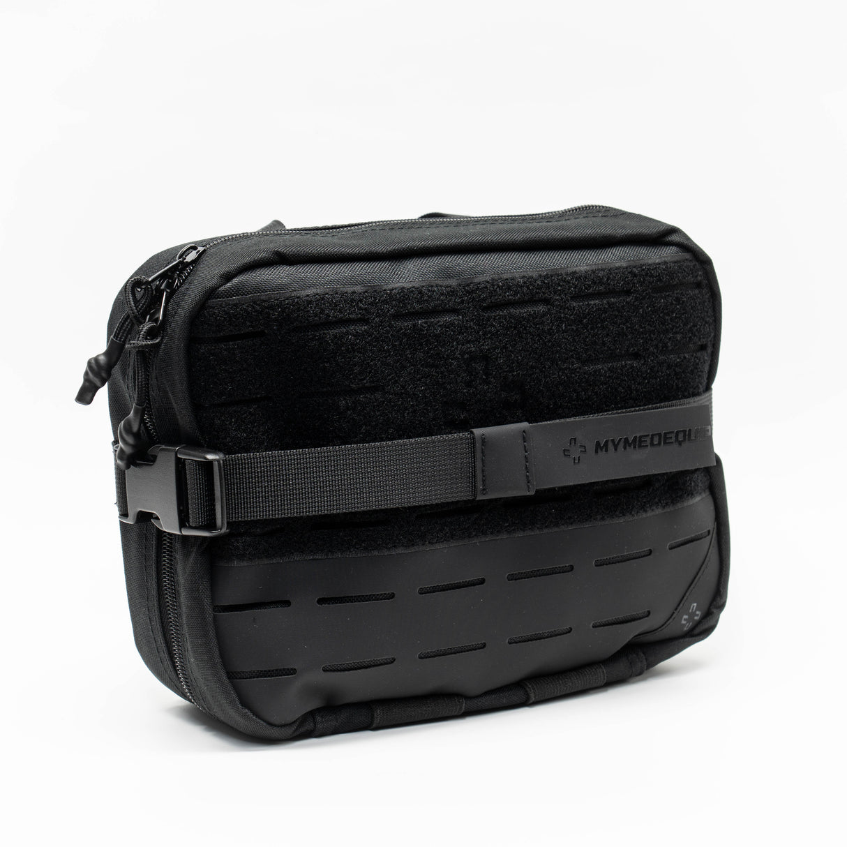 Large First Aid Pouch with large velcro front panel and laser cut molle, tear away Molle velcro strapping panel attached and strapped on. on white background Diagonal view