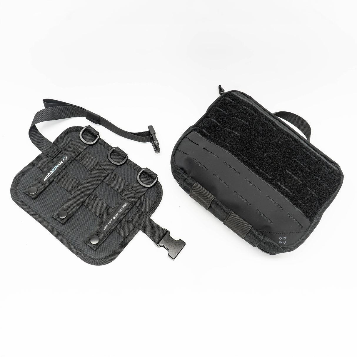 Large First Aid Pouch with large velcro front panel and laser cut molle, along with its tear away Molle strapping panel detached on white background