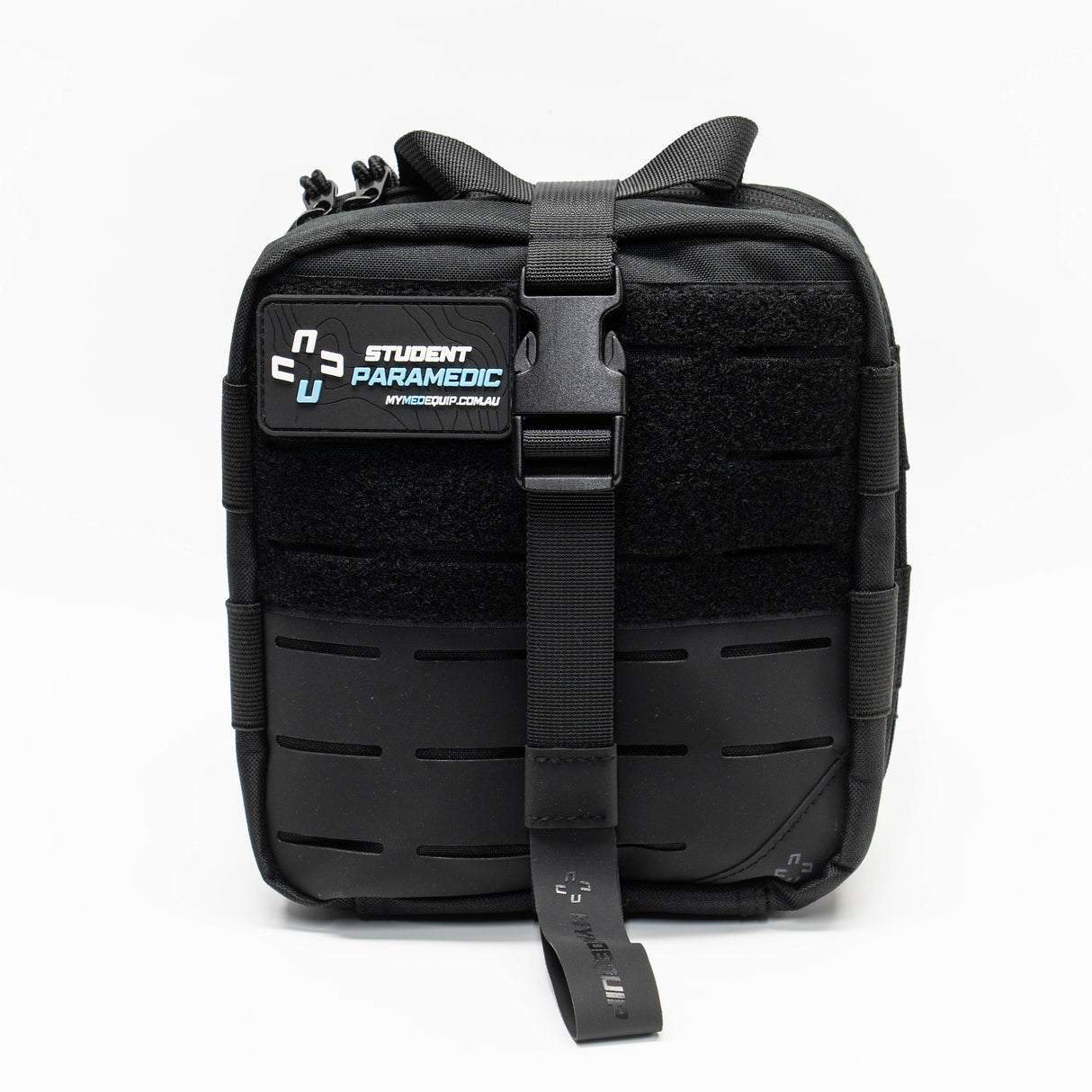 Premium Black Student Paramedic Kit with PVC patch showcasing the MyMedEquip Emblem and white and blue text stating STUDENT PARAMEDIC