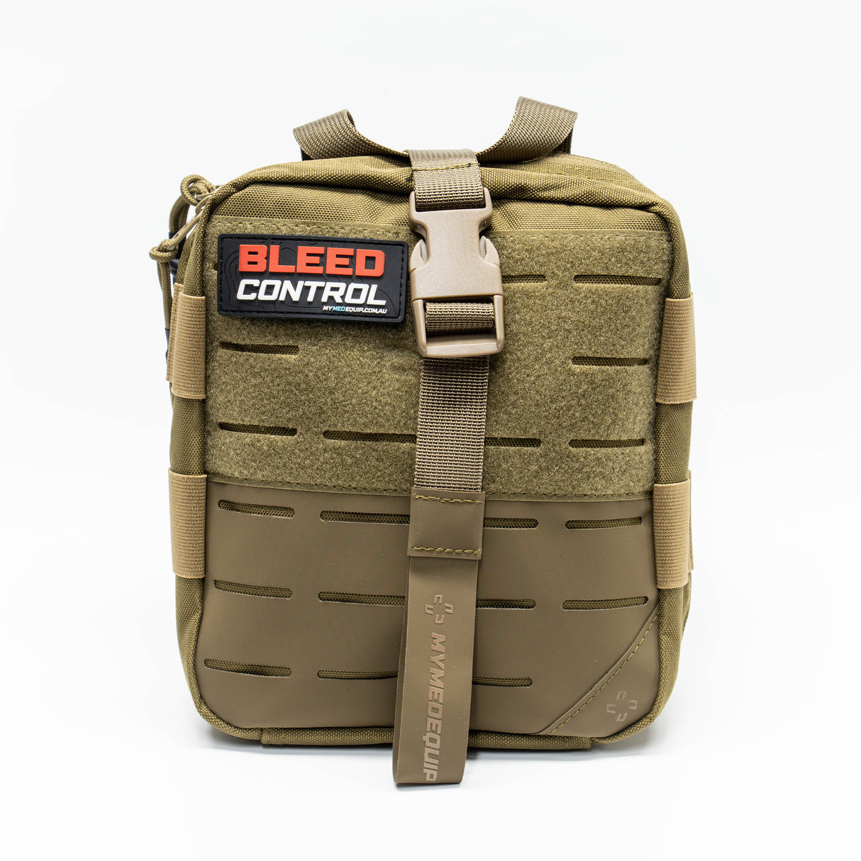 Tan Brown Trauma Kit sitting on white backgound. Pouch has lasercut molle and a velcro front panel with a large grey PVC patch showing contours and large red and white text stating: Bleed Control