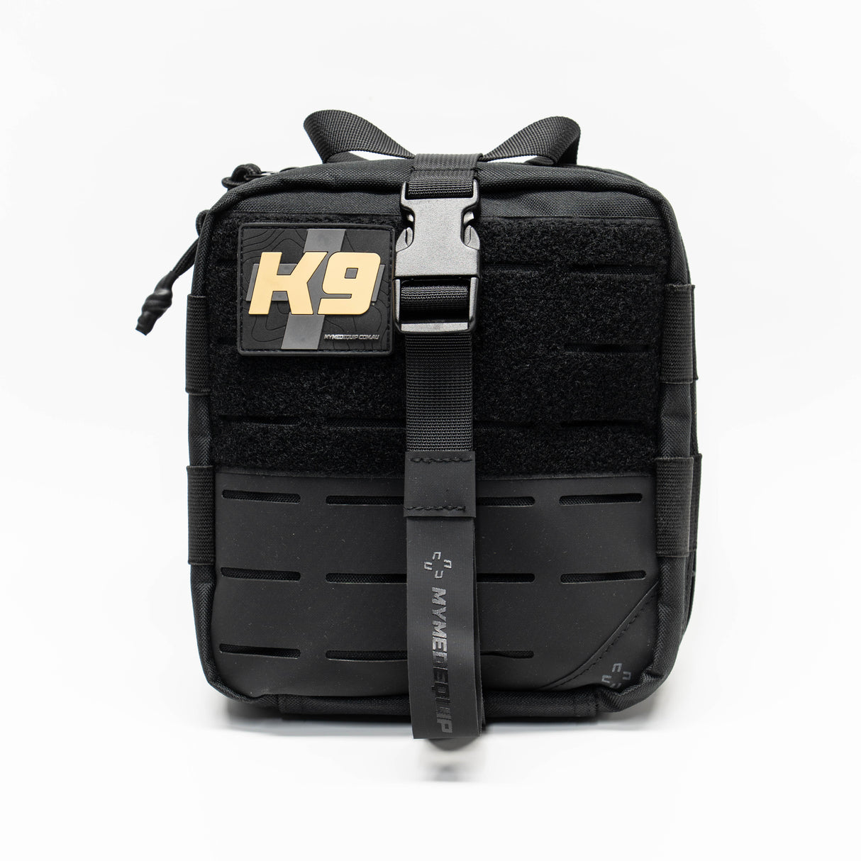 Black tactical Working Dog First Aid Kit sitting on white backgound. Pouch has lasercut molle and a velcro front panel with a black PVC patch showing contours a grey medical cross and tan text stating: K9