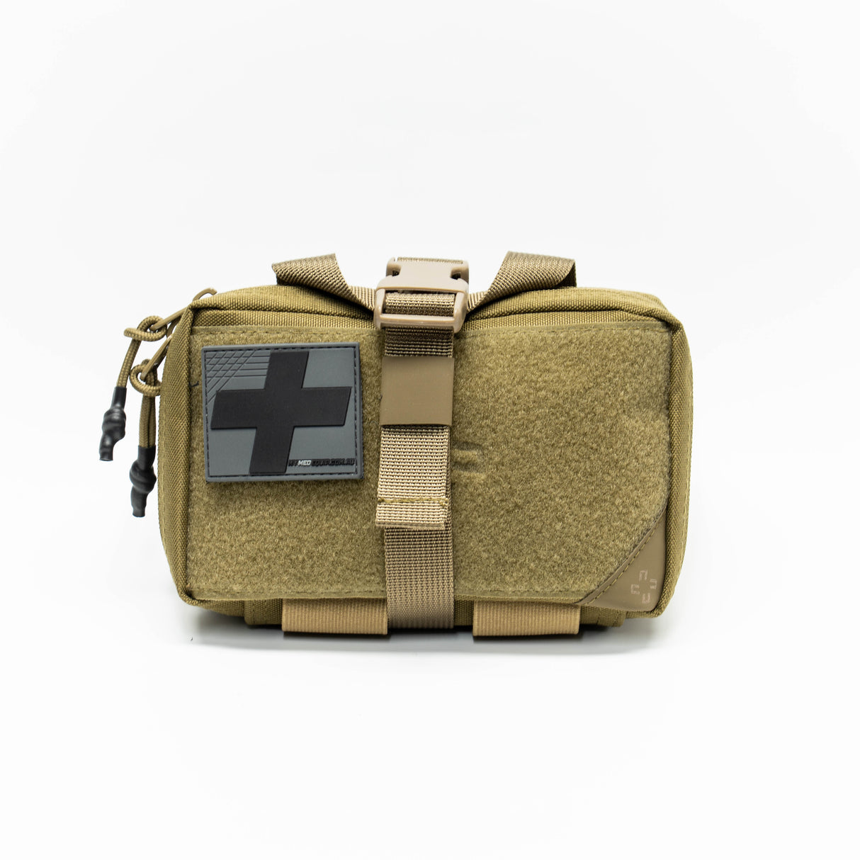 Compact IFAK Coyote Tan Pouch with Black and Gray PVC medical cross patch. Front view on a white background