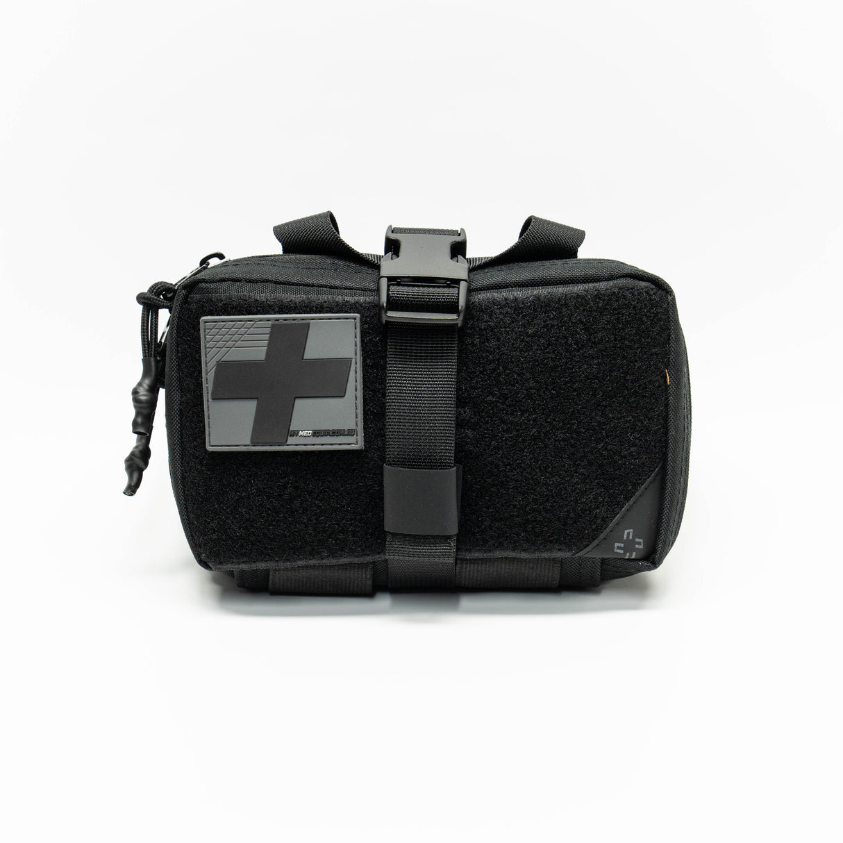 Compact IFAK Black Pouch with Black and Gray PVC medical cross patch. Front view on a white background