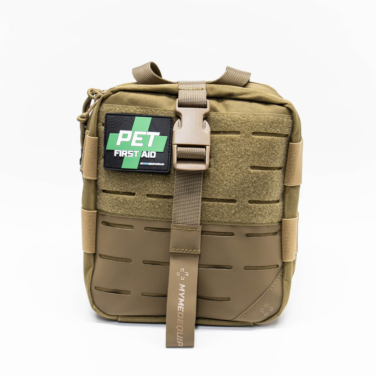 Premium tan brown Pet First Aid Kit with PVC patch showcasing Green Cross and white text stating PET FIRST AID