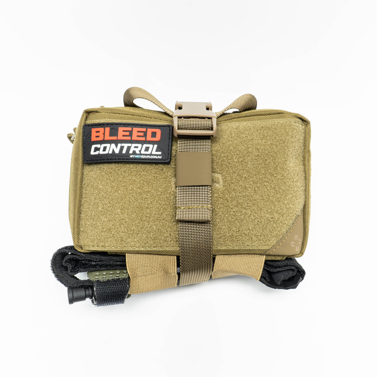 A coyote tan blak IFAK (Individual First Aid Kit) with a red and white patch saying Bleed Control. Strapped onto the outside of the IFAK is a black DNIPRO Tourniquet. The pouch itself is tear away and has a full velcro front