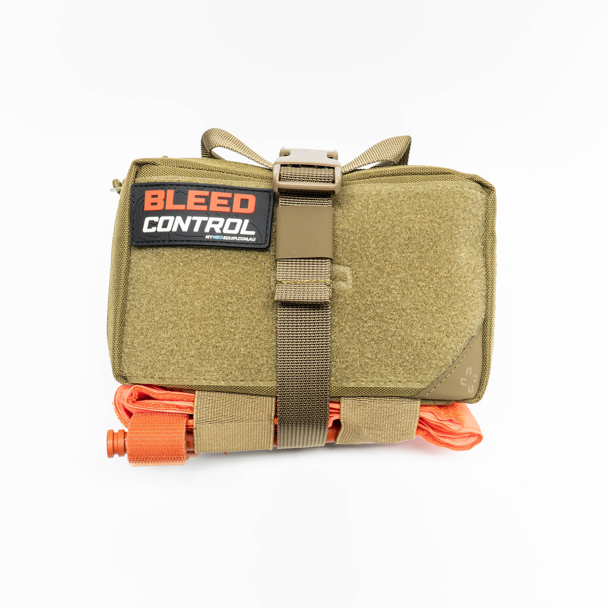 A compact coyote tan IFAK (Individual First Aid Kit) with a red and white patch saying Bleed Control. Strapped onto the outside of the IFAK is an orange combat application Tourniquet. The pouch itself is tear away and has a full velcro front