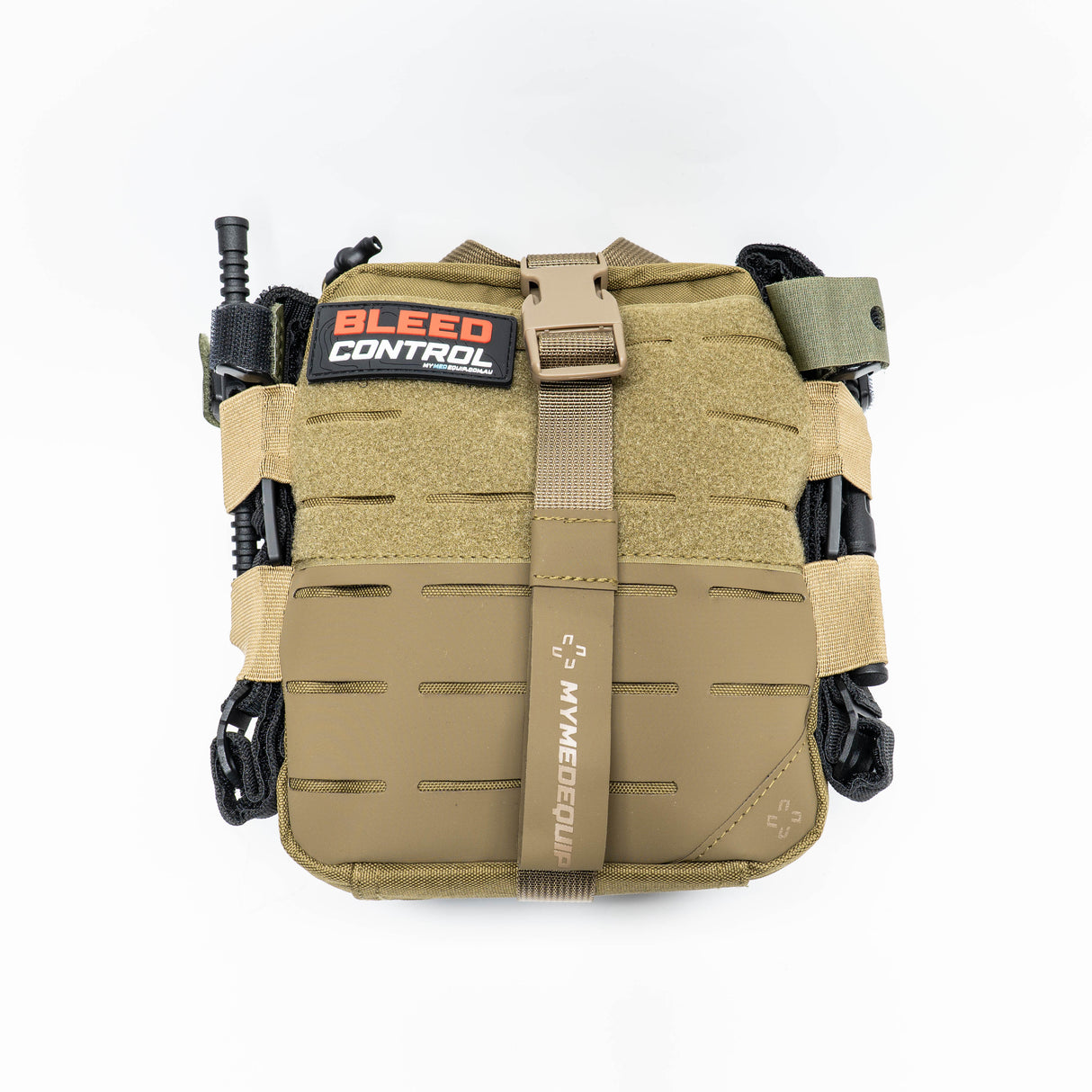 A large coyote tan IFAK (Individual First Aid Kit) with a red and white patch saying Bleed Control. Strapped onto the outside of the IFAK two DNIPRO Tourniquets. The pouch itself is tear away and has lasercut molle