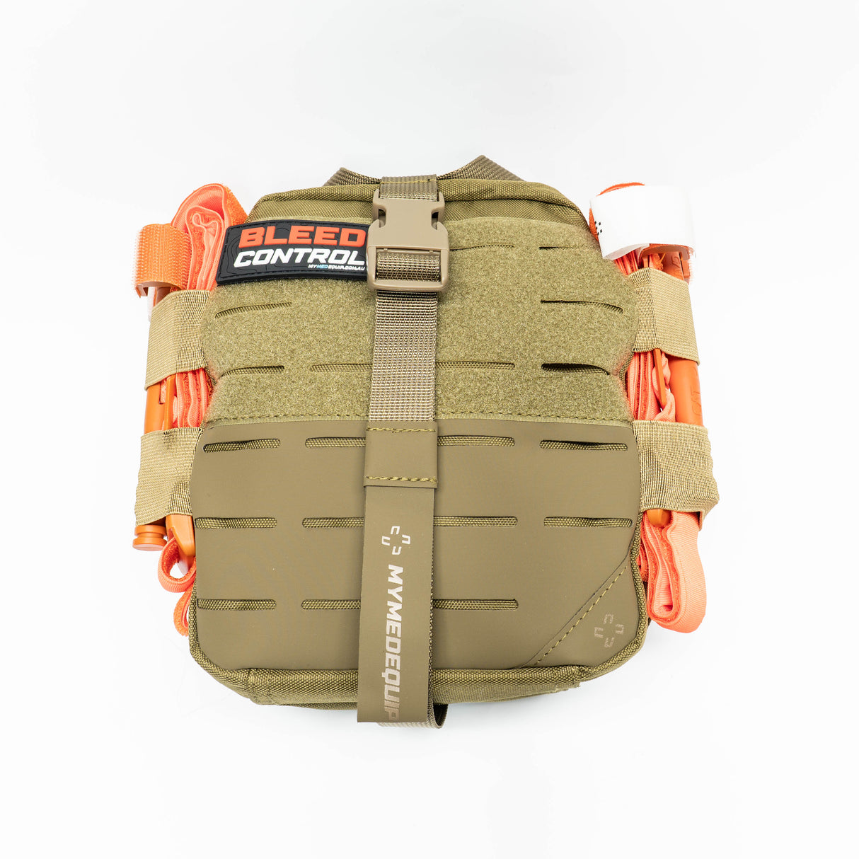 A large coyote tan IFAK (Individual First Aid Kit) with a red and white patch saying Bleed Control. Strapped onto the outside of the IFAK two Combat Application Tourniquets. The pouch itself is tear away and has lasercut molle