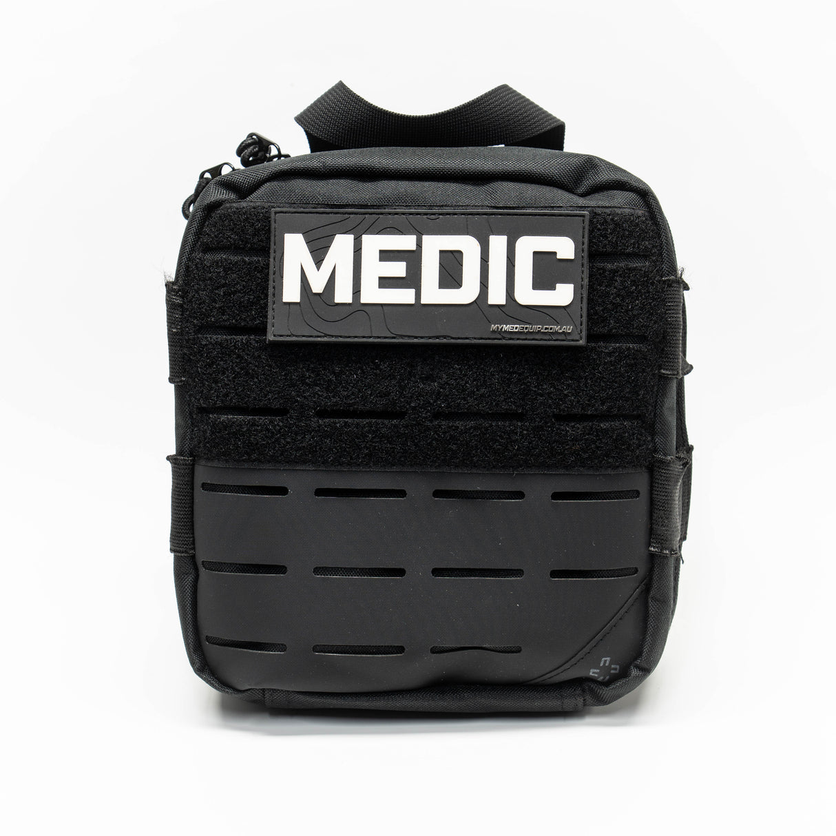 Black Tactical Medic Kit sitting on white backgound. Pouch has lasercut molle and a velcro front panel with a large balck PVC patch showing contours and large white text stating: MEDIC