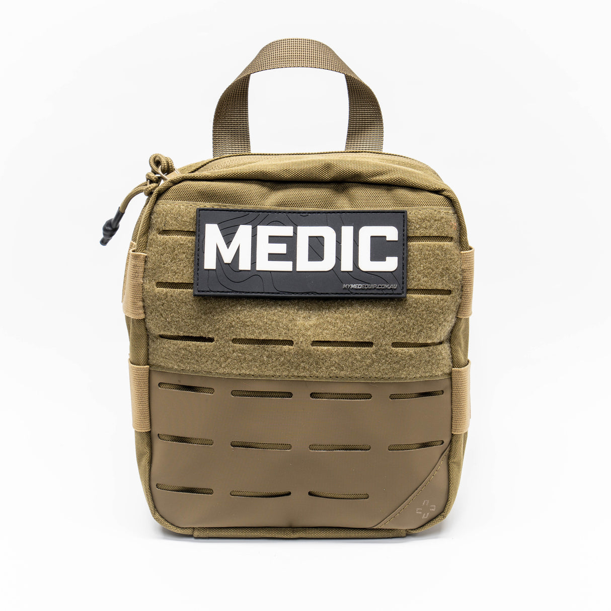 Tan Brown Tactical Medic Kit sitting on white backgound. Pouch has lasercut molle and a velcro front panel with a large balck PVC patch showing contours and large white text stating: MEDIC