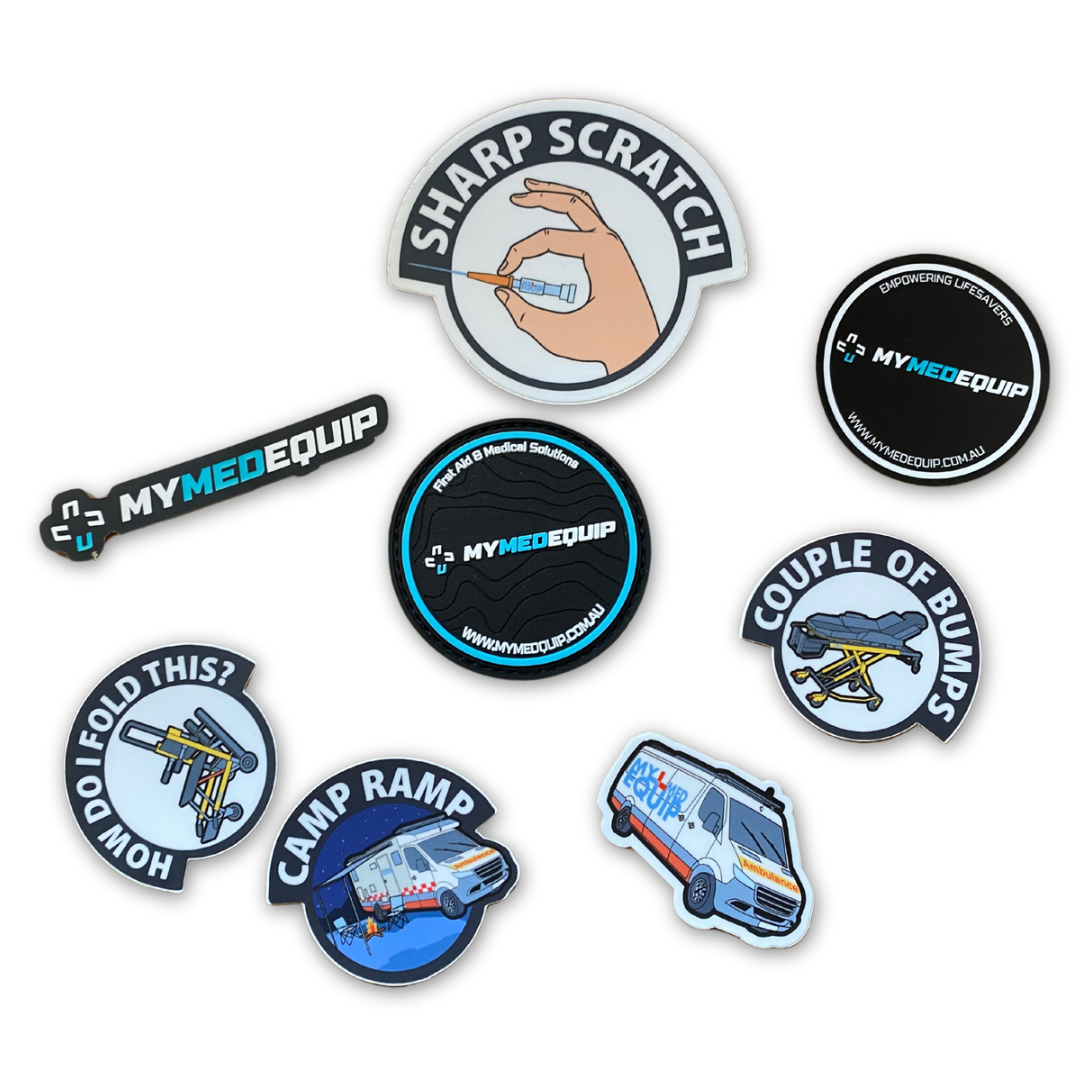a Set of MyMedEquip paramedic meme stickers with a PVC Logo patch
