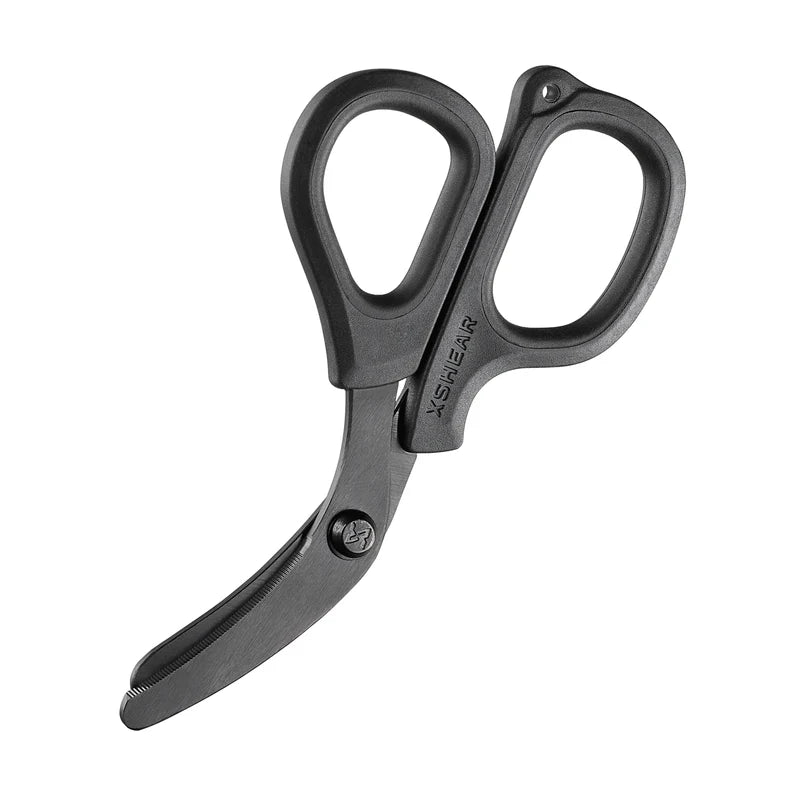 A pair of XShear Mini Trauma Shears with black handles and curved blades.