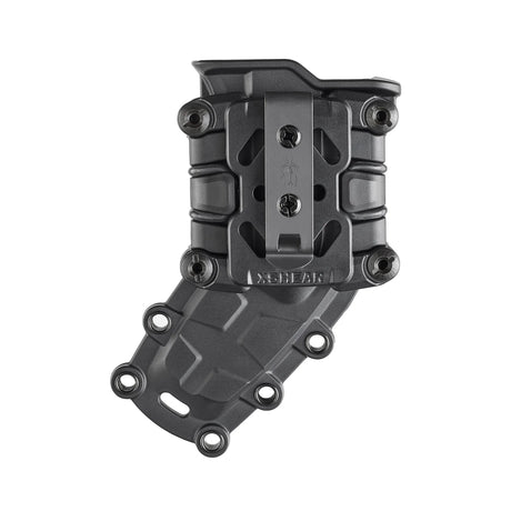 Black tactical Trauma Shear holster made of molded ABS with multiple attachment points and retention bands. Rear vertical view