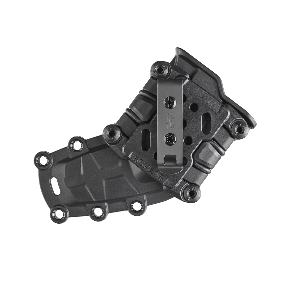 Black tactical Trauma Shear holster made of molded ABS with multiple attachment points and retention bands. Rear horizontal view