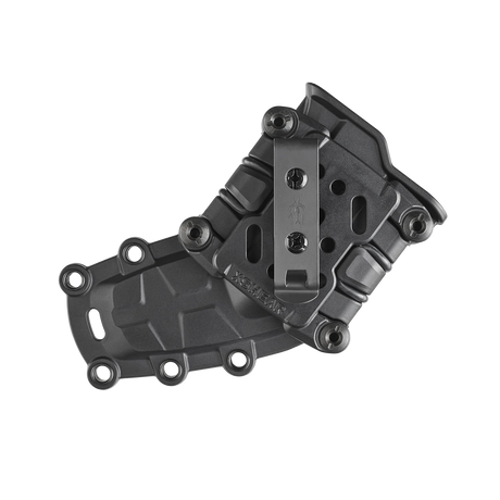 Black tactical Trauma Shear holster made of molded ABS with multiple attachment points and retention bands. Rear horizontal view