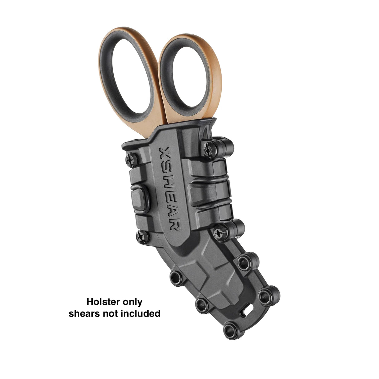 Black tactical Trauma Shear holster made of molded ABS with multiple attachment points and retention bands. Diagonal front view with Coyote coloured XShears inserted.