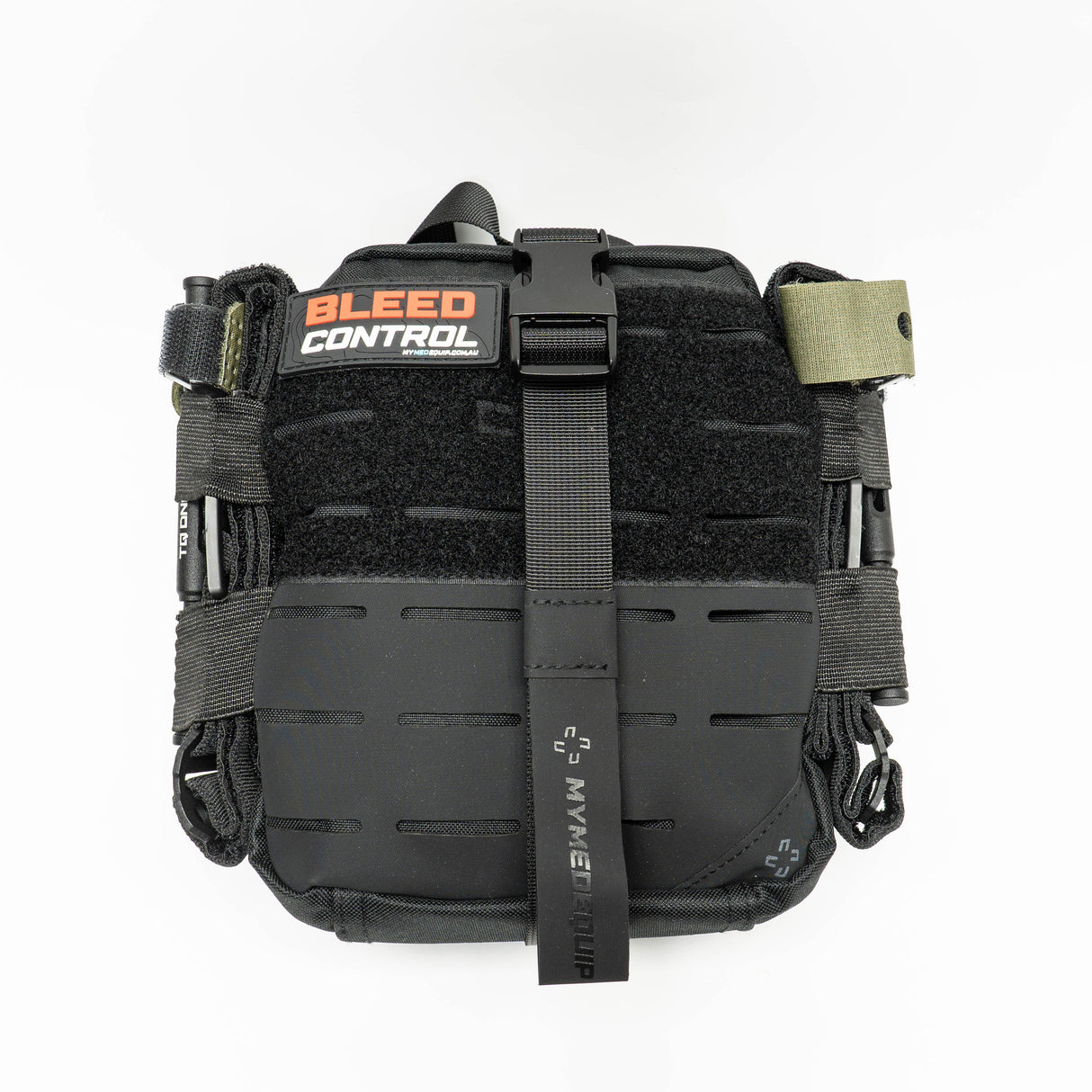 A large black IFAK (Individual First Aid Kit) with a red and white patch saying Bleed Control. Strapped onto the outside of the IFAK two DNIPRO Tourniquets. The pouch itself is tear away and has lasercut molle