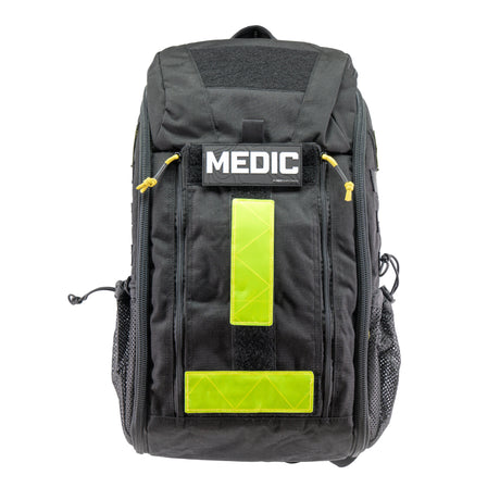 Black tactical backpack with 'MEDIC' label on a white background