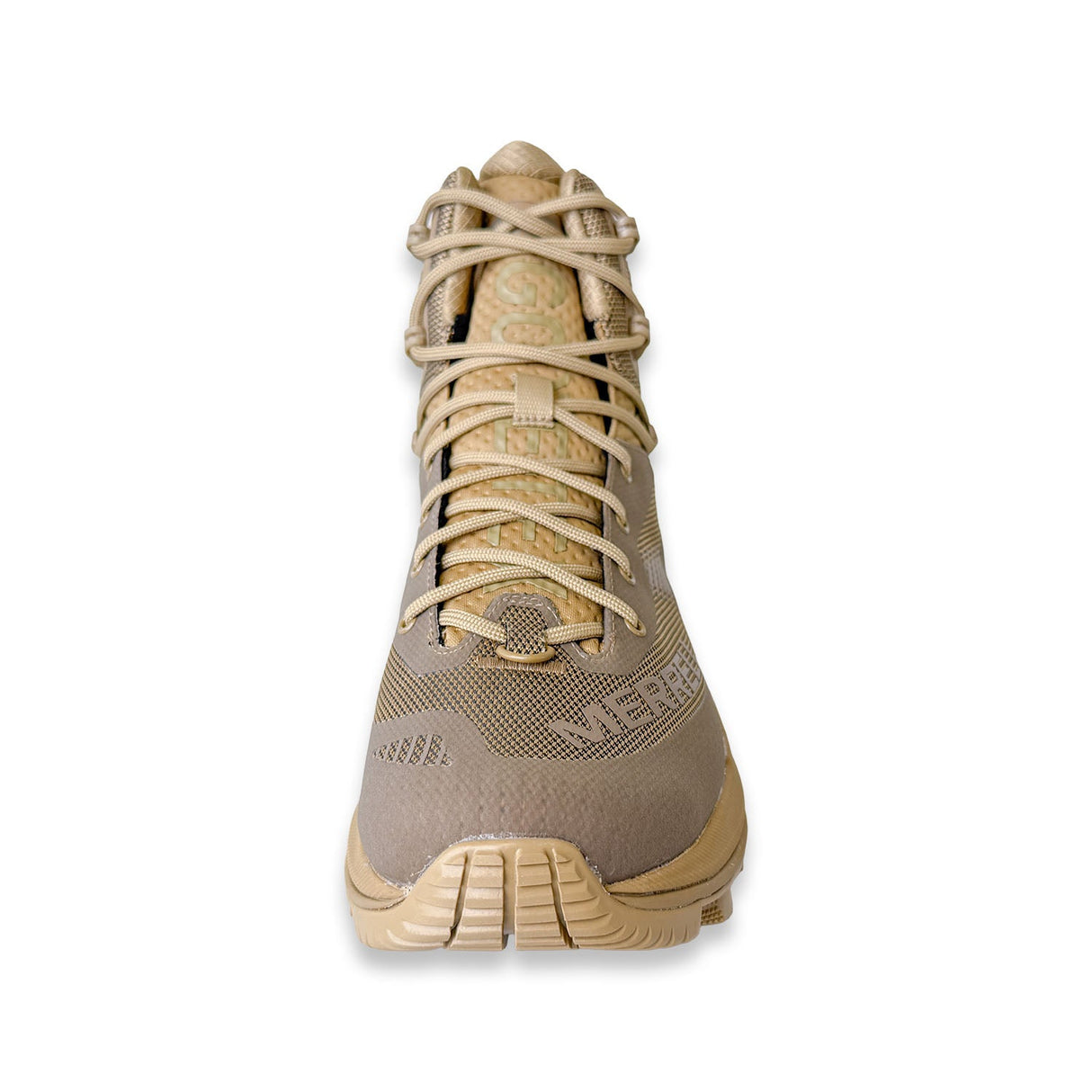 Tan tactical boot with laces on a white background