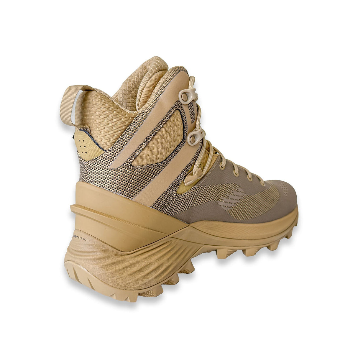 Tan hiking boot with textured sole on a white background