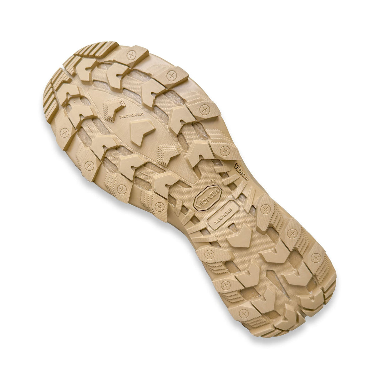 Tan shoe sole with tread pattern on a white background