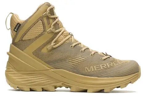 Tan hiking boot with 'Merrell' branding on a white background