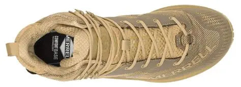 Tan Merrell hiking boot with laces on a white background