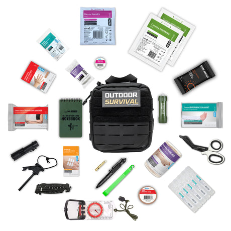 Large Black Survival Kit bushland with DNIPRO tourniquet, survival and trauma supplies laid out around it